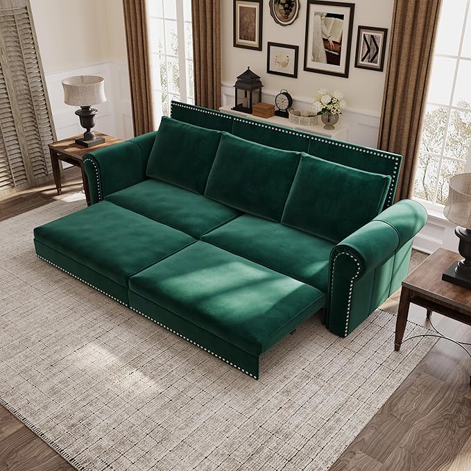 Eafurn 93.7" King Size Pull Out Sofa Bed, 3-in-1 Convertible Sleeper Sofa Couch Bed with Nailhead Decor and Rolled Arms, Velvet Oversized Chesterfield Loveseat Chaise Lounge