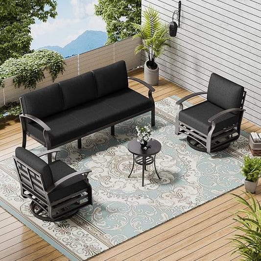 Patio Furniture Set 3-Piece Aluminum Armrest Sofa, All-Weather Patio Conversation Set with Tempered Glass Top Table & Removable Sponge Cushions for Backyard Poolside - Black.