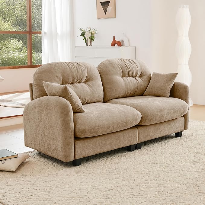 KEIKI 74" Oversized Chenille Modular Sectional Loveseat Sofa with High-Density Foam Cushions and Tufted Pleated Cushion Backrest, Upholstered 2-Seater Cloud Couch with 2 Pillow, for Living Room, Camel