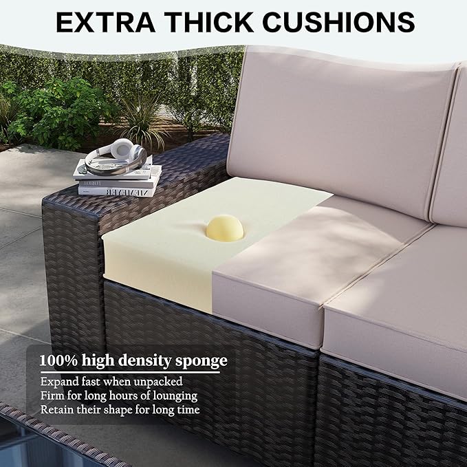 6 Pieces Patio Furniture Set, Outdoor Sectional Set of 6 w/Wide Armrest, Waterproof Wicker Conversation Set for Backyard, Deck, Beige