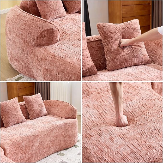 L Shaped Compression Sofa, Modular Couch with Curved Armrests & 4 Coordinating Pillows, Modern 101'' Chenille 4 Seater Sofa with Wide Seat for Living Room, Bedroom, No Assembly, Pink