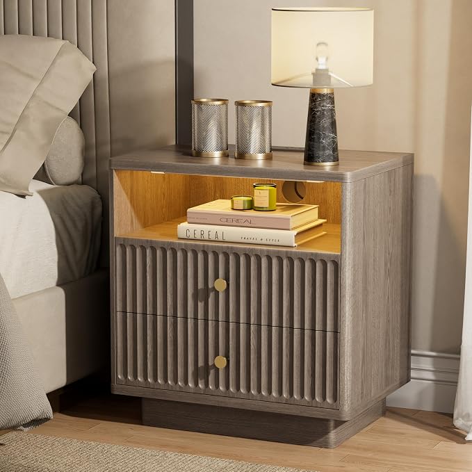 PAPROOS 23'' Fluted Nightstand with Charging Station, Modern Bedside Table with Motion Sensor LED Light, 2-Drawer Storage Cabinet for Bedroom & Home Office (1 pc Brown Gray) - Image 2