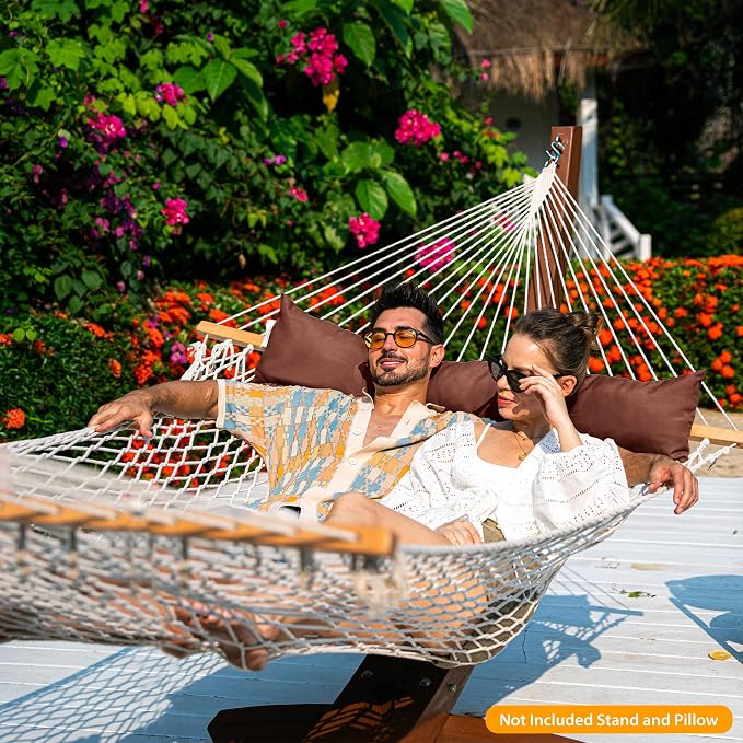 Lazy Daze Hammocks 12FT Double Rope Hammocks, 2 Person Hand Woven Cotton Hammock with Pillow and Spreader Bar for Outside, Patio, Poolside, FIT 13-15 Ft Stand, Max 450 Lbs, Natural, 141 x 57 inches - Image 7