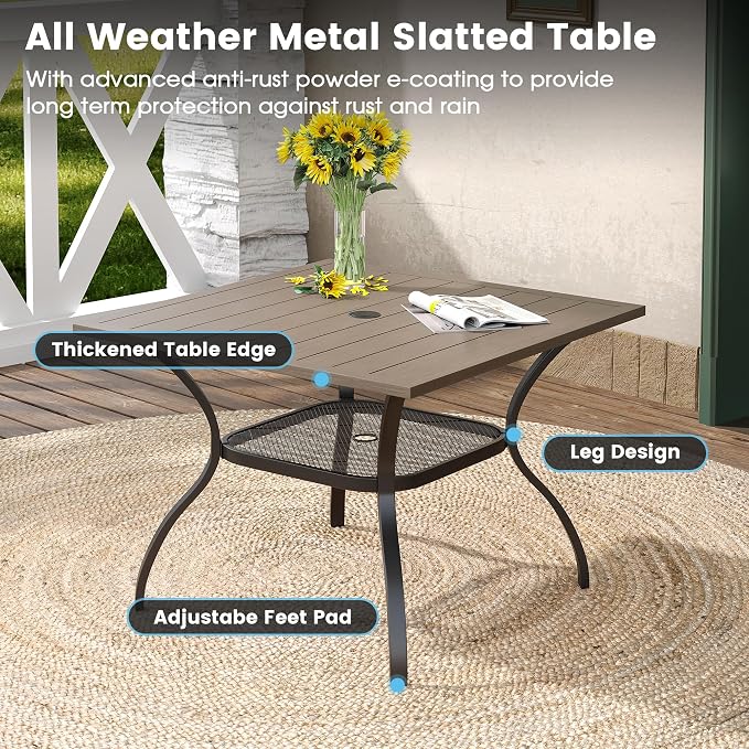 DIFY 5 Pieces Outdoor Patio Dining Set for 4, 37.8" Grey Wood-Like Square Dining Table with Umbrella Hole and 4 Sandshell Stackable Sling Chairs, Outdoor Table and Chairs for Lawn Backyard Garden - Image 2