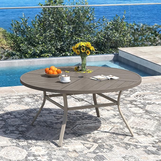 DIFY 9 Pieces Outdoor Patio Dining Set for 8, 53.1" Grey Wood-Like Round Metal Dining Table and 8 Sandshell Stackable Textilene Patio Chairs, Outdoor Table and Chairs for Backyard Garden Poolside - Image 2