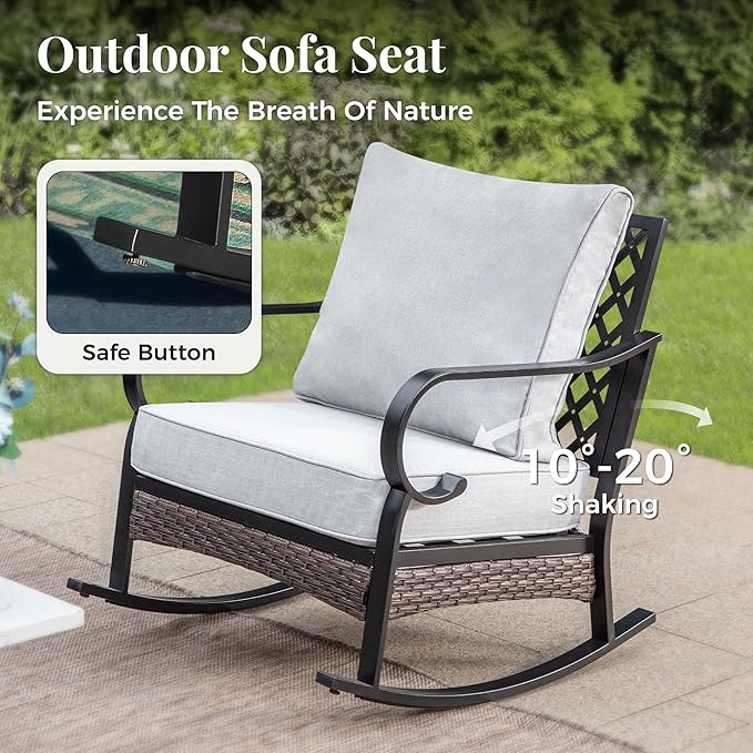 Patio Furniture Set with Coffee Table, Outdoor Conversation Set with 2 x Rocking Chair, 1 x 2-Seat Sofa for Lawn Garden Backyard, Light Grey