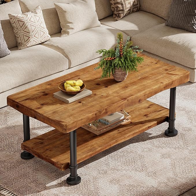 47" Coffee Table, Farmhouse Solid Wood Accent Center Table with 2-Tier Live Edge Shelf & Metal Legs, Rectangular Low Cocktail Tea Furniture for Living Room, Lounge, Brown and Black