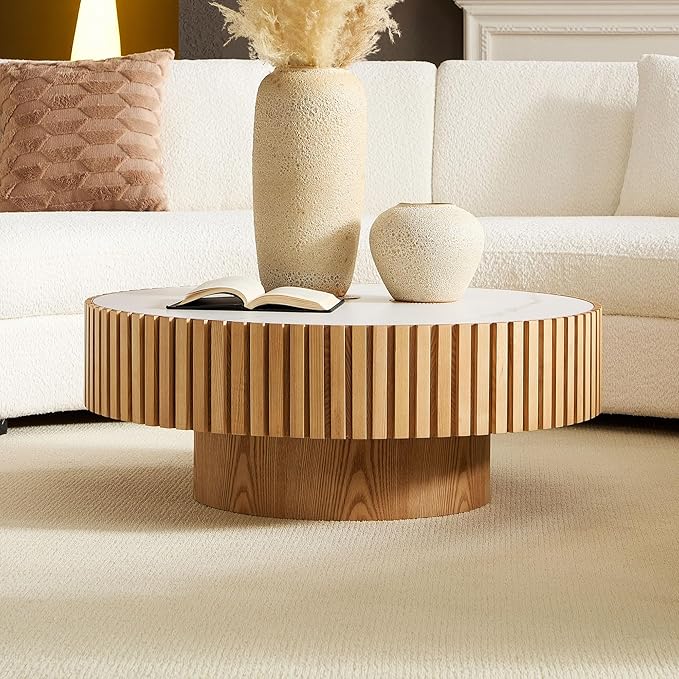 Round Coffee Table, 35.43" Circle Sintered Stone Tabletop, Modern Wood Fluted Coffee Table for Living Room Apartment, Easy Assembly (Oak)