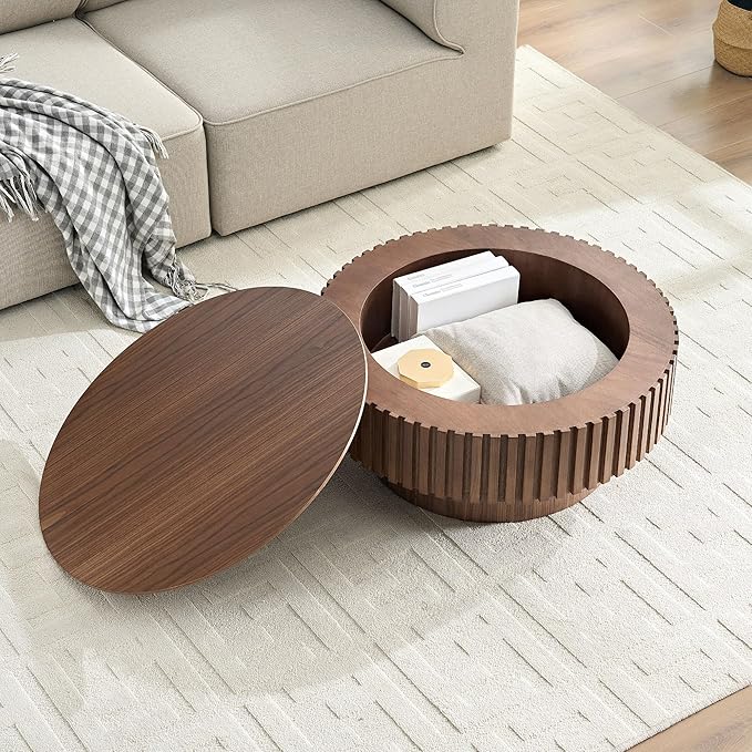 WILLIAMSPACE 31.49" Round Coffee Table with Storage for Living Room, Modern Circle Center Table with Solid Wood Veneered & Sturdy Pedestal, Accent End Tea Table for Apartment - Walnut