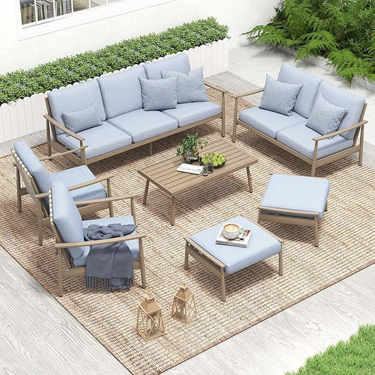 HAPPATIO Patio Outdoor Furniture Set - 7 Pieces Aluminum Outdoor Conversation Set Includes 1 Three-Seater Sofa, 1 Coffee Table, 1 Loveseat, 2 Armchairs and 2 Ottomans for Porch, Yard, Lawn (Brown)