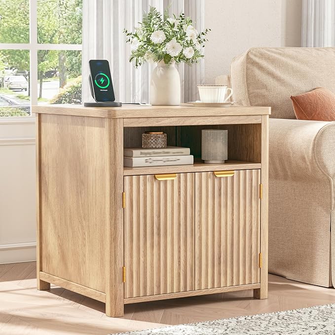 Homkdom Fluted Nightstand with Charging Stations, 23.6" Wide Natural Oak Nightstand with Storage Drawers, Side Tables, Modern Farmhouse End Tables for Bedroom, Natural Oak by ElevateYourHome%EF%BC%8CEnhanceEver
