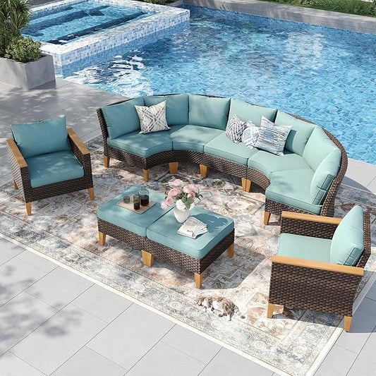 PHI VILLA 7-Piece Wicker Patio Furniture Set, Outdoor Half-Moon Curved Sectional Sofa with Thick Aqua Blue Cushions, 2 Ottomans, 2 Single Seats, Large Conversation Seating for Garden or Backyard