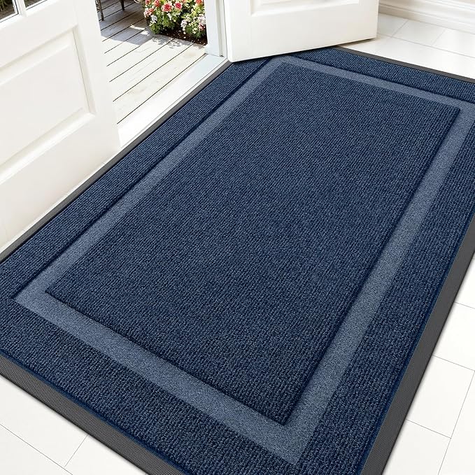 OLANLY Front Door Mat Indoor Outdoor Entrance, Waterproof All-Season, All-Weather Doormat, Sturdy Natural Rubber, Fade Resistant, Low Profile, Easy Clean Patio Porch Entryway Mat, 59x30, Blue by OLANLY