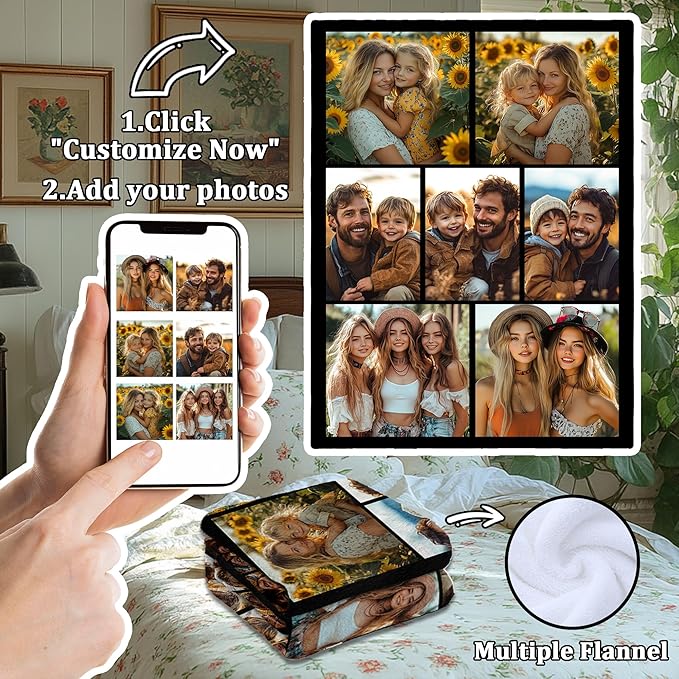 Custom Blanket with Picture, Customized Throw Photo Blanket, Personalized Birthday Christmas Valentine's Day for Men Women Dad Mom Boyfriends Girlfriends Adults Kids, 9 Photos