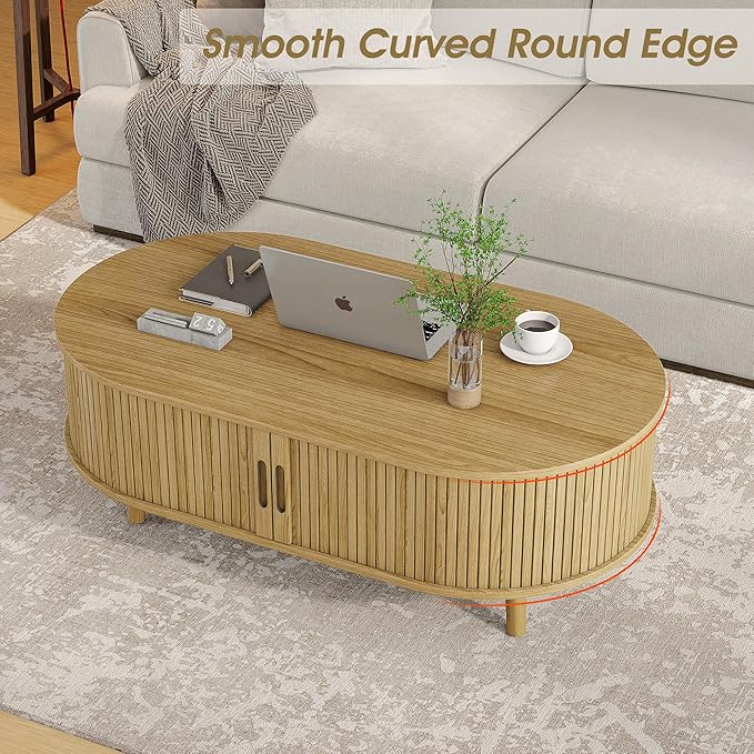 Alohappy Oval Coffee Table, Mid Century Modern Coffee Table with Sliding Tambour Door, Fluted Center Table with Hidden Storage, Curved Profile Dining Table for Living Room, Home Office,Natural Oak