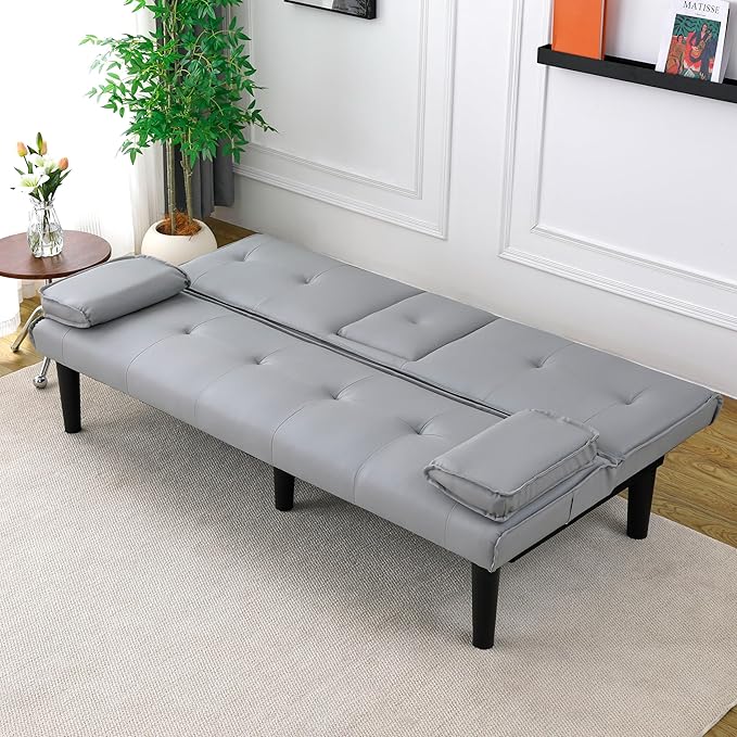 KEIKI 3 in 1 Convertible Sleeper Sofa Bed with Cup Holder, Futon Sofa for Living Room, Dorm, or Home Office, Light Gray