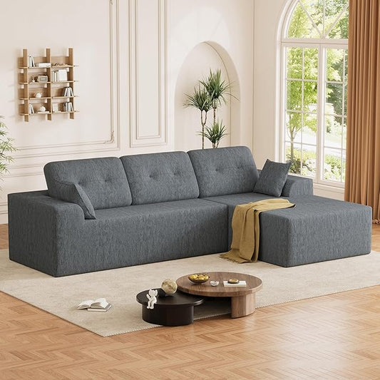 Ball & Cast 106" Cloud Sectional Couch, Compressed L-Shaped Sofa with Deep Seat Chaise, Boneless No Assembly Modular Couch, Foam & Spring Support, 2 Boxes (Right Facing, Chenille Dark Grey)