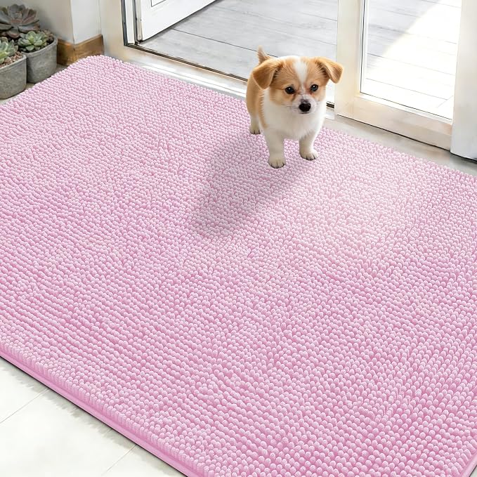 OLANLY Dog Door Mat for Muddy Paws 48x30, Absorbs Moisture and Dirt, Absorbent Non-Slip Washable Doormat, Quick Dry Chenille Mud Mat for Dogs, Entry Indoor Entryway Carpet for Inside Floor, Pink by OLANLY