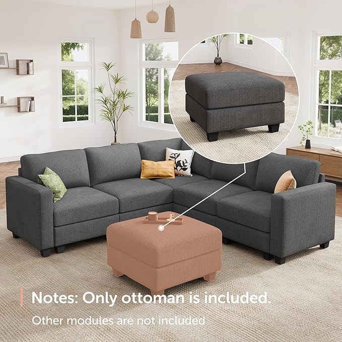 HONBAY Modern Corduroy Ottoman Module Sofa, 28.4 Inch Square Ottoman Bench with Storage, Grey