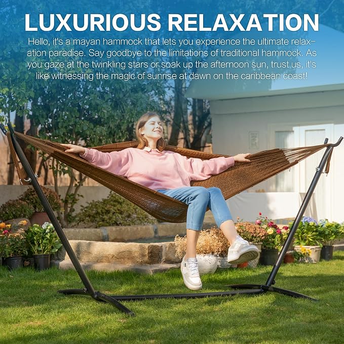 PNAEUT Double Hammocks with Stand for Outside, Portable Space Saving Heavy-Duty Steel Stand for Indoor Outdoor Patio (Mayan Desert) - Image 2