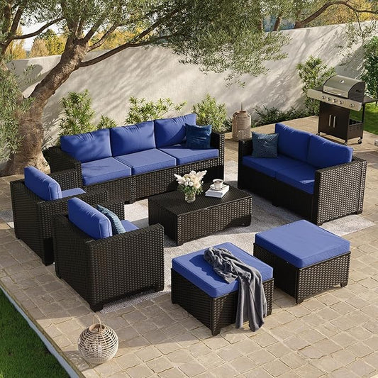 Aoxun 10 Piece Outdoor Patio Furniture Set 9 Seats, Outdoor Sectional with Thick Waterproof Cushions & Storage Coffee Table, Patio Conversation Sets for Garden,Backyard, Porch, Balcony, Deck, Blue