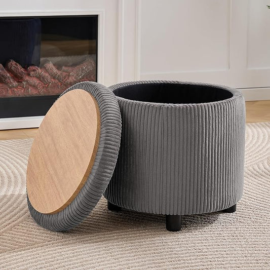 WUTUTUEE Corduroy Storage Ottoman with Flip-Top Tray, Modern Upholstered Ottoman Coffee Table, Dual Leg Options Ottoman Footrest for Living Room, Bedroom, Office, Grey