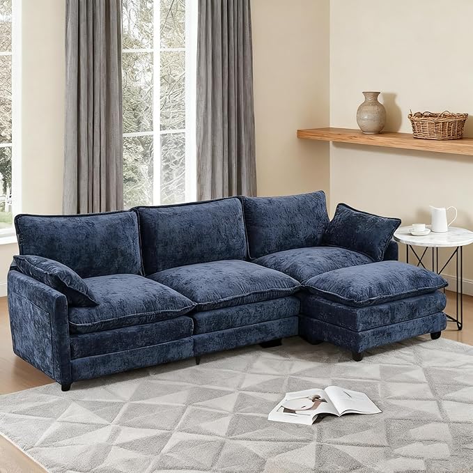 Modular Sectional Cloud Couch, 3 Seat Convertible Sectional Couches Sofa with Ottoman, Convertible L-Shape Cloud Sectionals Couches for Living Room, Apartment, Blue