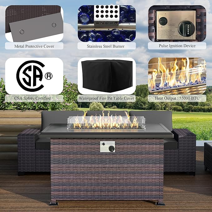 10 PCS Outdoor Patio Furniture Set,Outdoor Sectional Furniture with 43" 55000 BTU Gas Propane Fire Pit Table,All Weather PE Rattan Wicker Patio Conversation Set,Swivel Rocking Chairs Set,Grey