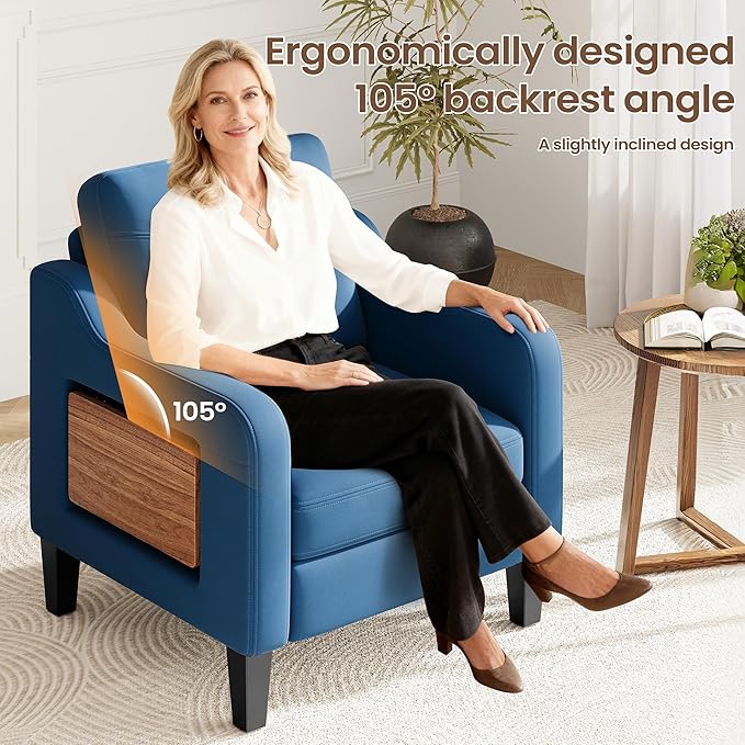 Accent Chair for Living Room Modern Linen Upholstered Armchair Side Wooden Fabric Sofa Chair with Foldable Table 2 Side Pockets Comfy Reading Chair for Bedroom