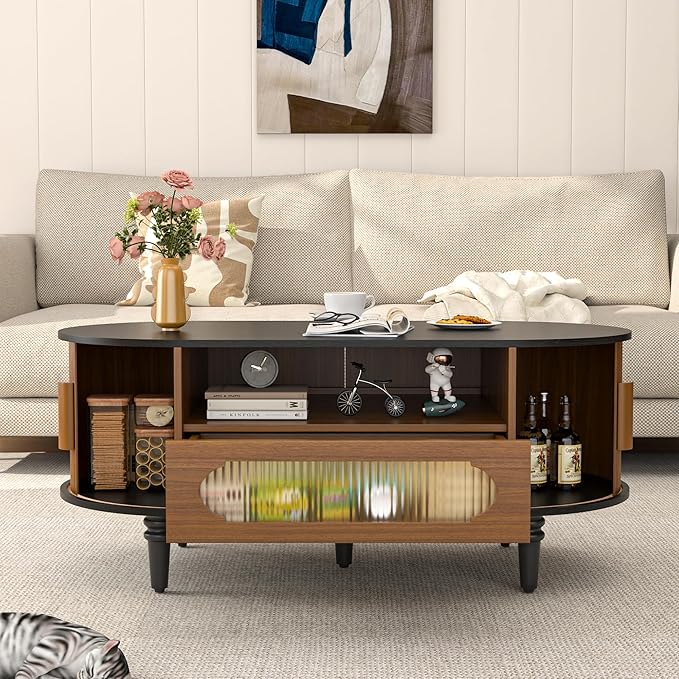 Fluted Round Coffee Table with Storage, Modern Oval Coffee Table with Drawer, Sliding Door, Low Small Center Tables for Living Room, Wooden Boho, Mid Century, Unique, Black and Walnut
