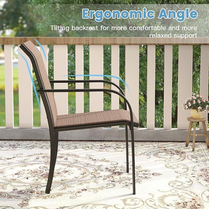DIFY 5 Pieces Outdoor Patio Dining Set for 4, 38.6" Walnut Square Patio Table with Umbrella Hole and 4 Brown Stackable Sling Chairs, Outdoor Table and Chairs for Lawn Garden, Backyard - Image 4