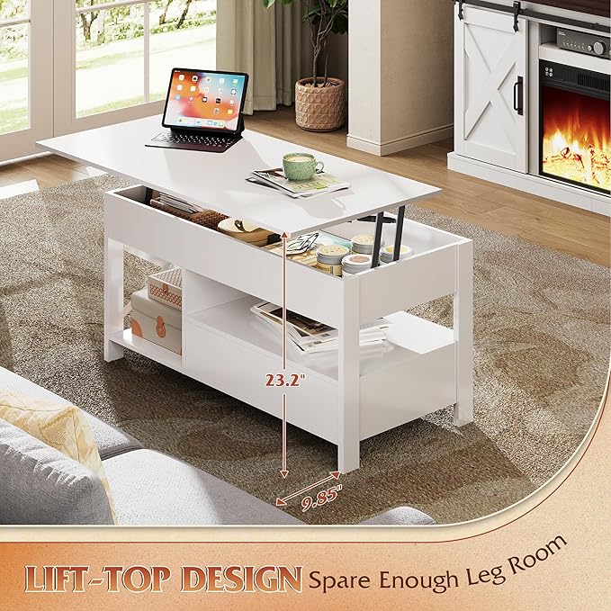 WLIVE Coffee Table, 39" Lift Top Coffee Table with Hidden Compartment, Storage Drawers and Storage Shelf for Living Room, Reception Room, White