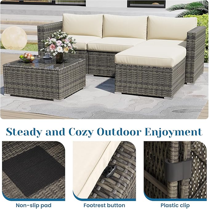 5 Pieces Outdoor Patio Furniture Set, Patio Sectional Furniture Set, All-Weather Wicker Rattan Patio Conversation Set with Washable Thick Cushions and Coffee Table, Outdoor Patio Sofa Couch Set, Beige