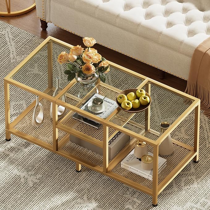 Glass Coffee Table, Coffee Tables for Living Room, Small Center Table, Modern Coffee Table with Open Storge&Metal Frame, Rectangular Coffee Tables for Small Space, Home Office, Gold