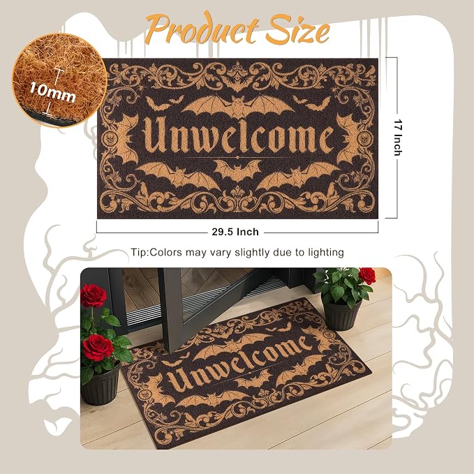Gothic Bat Door Mat for Front Door, Doormat Outside Entrance with Unwelcome Design, Gothic Decor for Porch and Entryway, Indoor Outdoor Use, 17'' x 29.5''- Black - Image 3