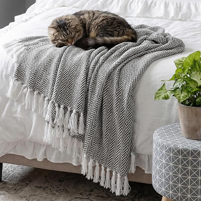 Americanflat 50x60 Throw Blanket - Soft and Breathable Cotton Throw Blanket for Couch, Bed, Chair - Decorative Blankets Perfect for Home, Office, or Outdoor Use - Black and White Herringbone Design