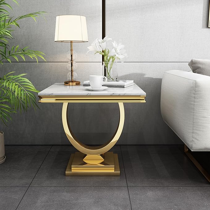 Modern Faux Marble End Table, Faux Marble Side Table with Geometric Frame, Rectangular Marble Center Table Tea Table Accent Furniture for Living Room, Simple Assembly (Gold)