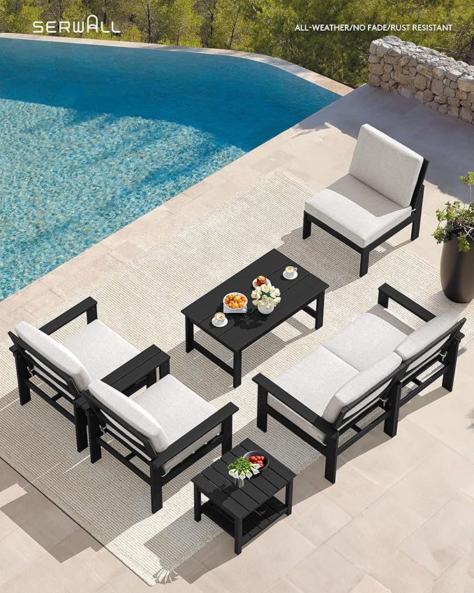 SERWALL HDPE Patio Furniture Set, 7-piece Outdoor Sectional Sofa Set, All Weather Outdoor Couch Set for Deck, Lawn, Black Frame with Khaki Cushion