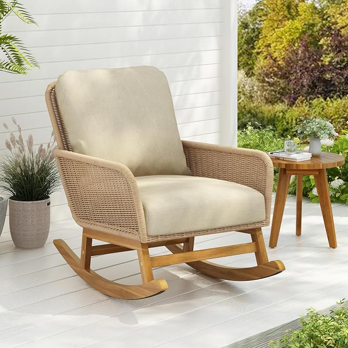 Christopher Knight Home Nadine Patio Rocking Chair, Wicker Rocker, Wood Leg Rocking Chair, PE Rattan Wicker Chair, Rocking Chair with Cushions, Comfort Wicker Rocker for Backyard Balcony Porch, Beige by ChristopherKnightHome