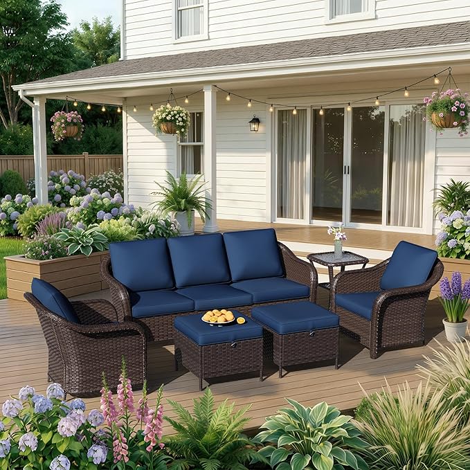 6 Piece Patio Wicker Conversation Set, All-Weather Use Outdoor Wicker Sofa with 2 PE Rattan Ottomans,2 Chair, 1 Side Table, Ideal for Porch, Backyard, Balcony, Poolside, Blue