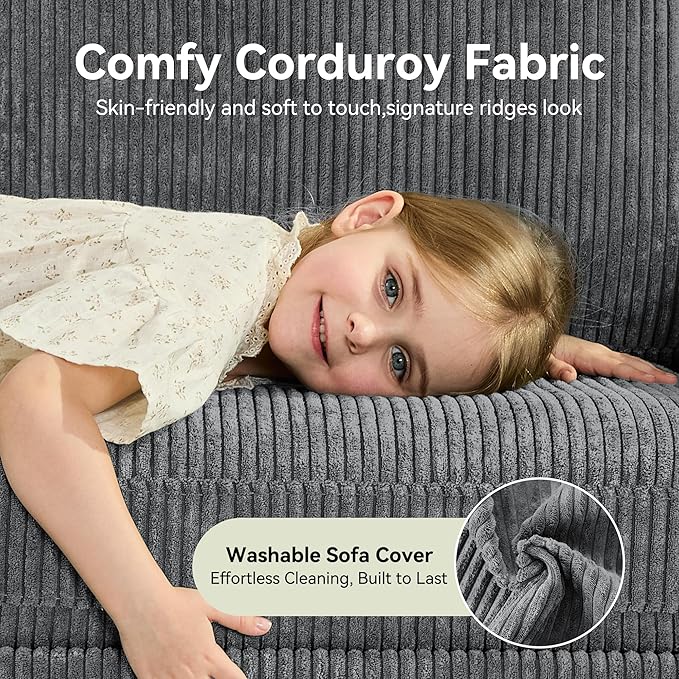 68" Loveseat Sofa, Comfy Grey Corduroy Couches for Living Room, Mid Century Modern Love Seat Sofa, Tool-Free Setup Small Couches for Bedroom Office