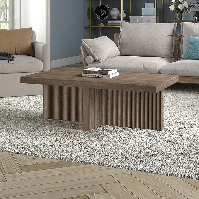 Henn&Hart 44" Fluted Rectangular Wood Pedestal Low-Profile Coffee Table with Ribbed Pedestal Base for Living Room, Family Room or Office, Weathered Gray