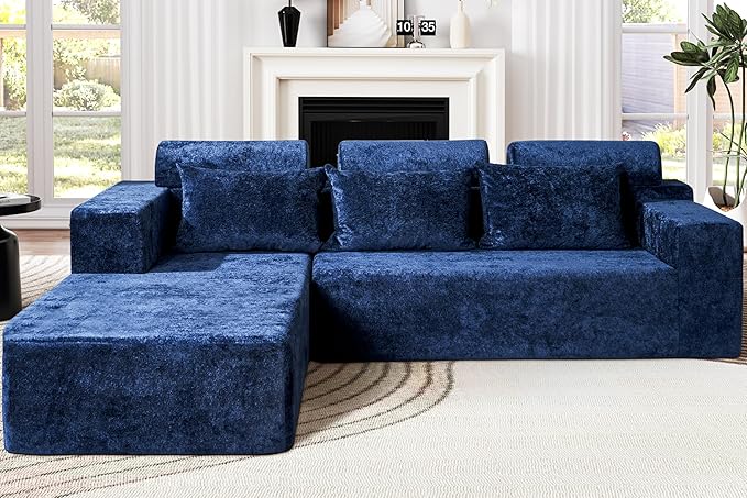 Homguava Modular Sectional Couches for Living Room,105" Cloud Couch with L-Shape Chaise,Comfy Sofa Living Room Couch with Deep Seat,No Assembly L Couch,Luxury Distressed Velvet(Blue,L)