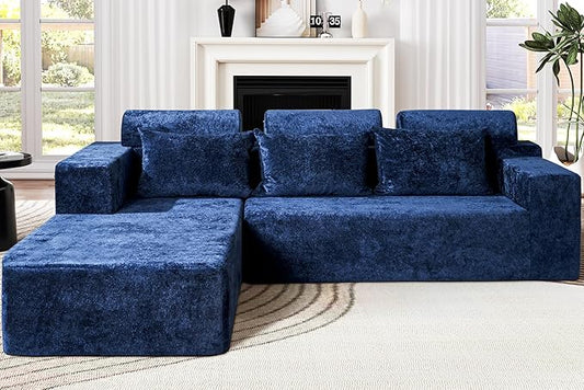 Homguava Modular Sectional Couches for Living Room,105" Cloud Couch with L-Shape Chaise,Comfy Sofa Living Room Couch with Deep Seat,No Assembly L Couch,Luxury Distressed Velvet(Blue,L)