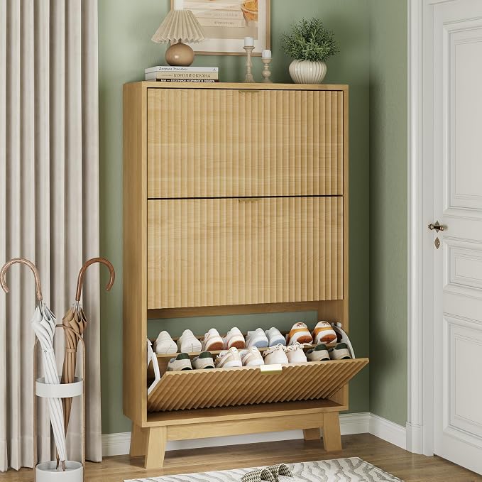 Xixini Shoe Cabinet with 3 Flip Drawers, 54" Tall Narrow Fluted Shoe Storage Organizer for Entryway, Hidden Slim Wooden Shoe Rack Cabinet for Front Door Entrance, Hallway, Living Room, Natural Oak by Xixini