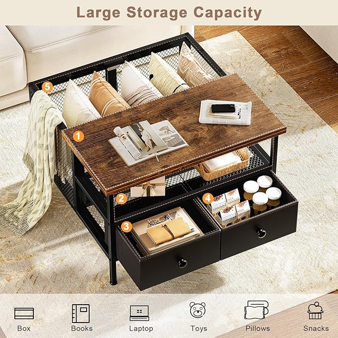 FABATO Flip Top Coffee Table, Square Coffee Tables Metal Wood, Farmhouse Lift Up Coffee Table Cocktail Table with Wire Mesh Barn Door and Storage, Steel Frame, Small Tea Table for Living Room, Black