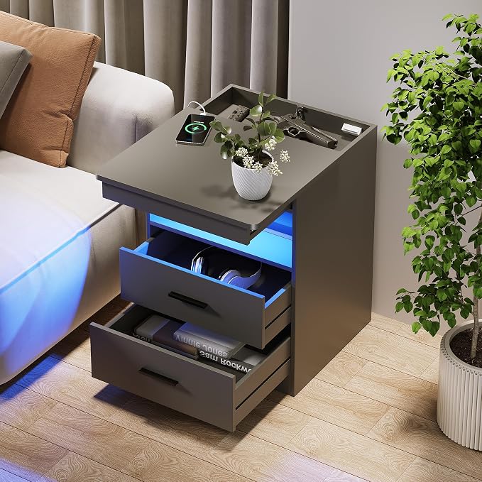 Nightstand with Gun Drawer, Charging Bedside Table with USB & Type-C Port, LED Night Stand with Human Sensor Light, Modern End Table with Drawers for Bedroom Office, Grey - Image 5