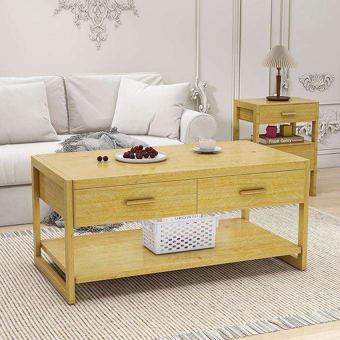 Solid Wood Coffee Table with Storage Living Room Table with 2 Drawers Shelf & Reinforced Legs