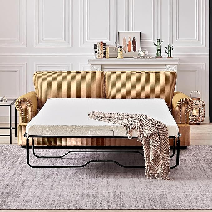 Reversible Sleeper Sofa Bed with Comfortable Memory Foam Mattress, Convertible Corduroy Full Size Pull Out Couch for Living Room, Space Saving Furniture, 76" Wide, Rounded Arms, Ginger