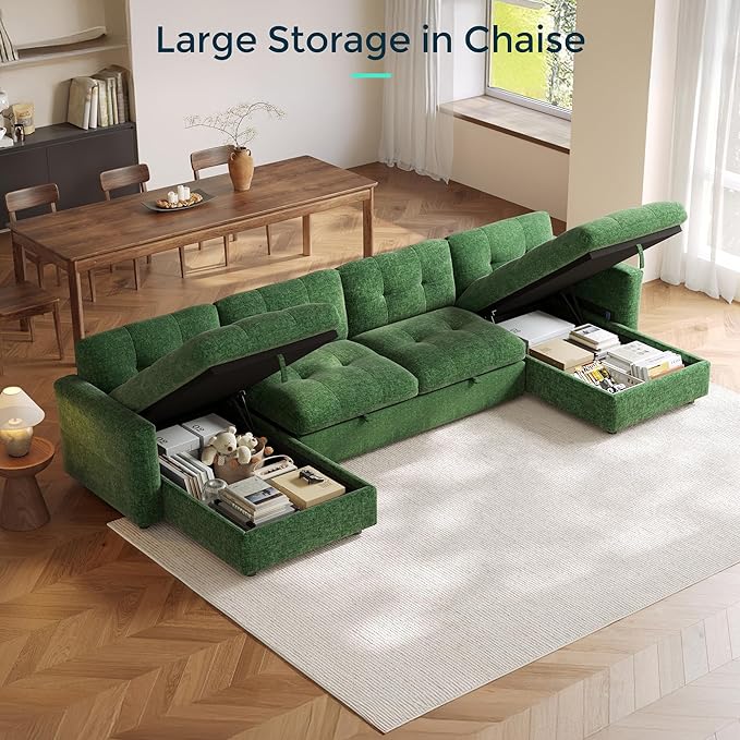 118" Oversized Modular Sofa with Storage, L Shaped Sectional Couch with Chaise and Adjustable Armrest, Comfy Chenille Cloud Couches for Living Room Apartment, Green